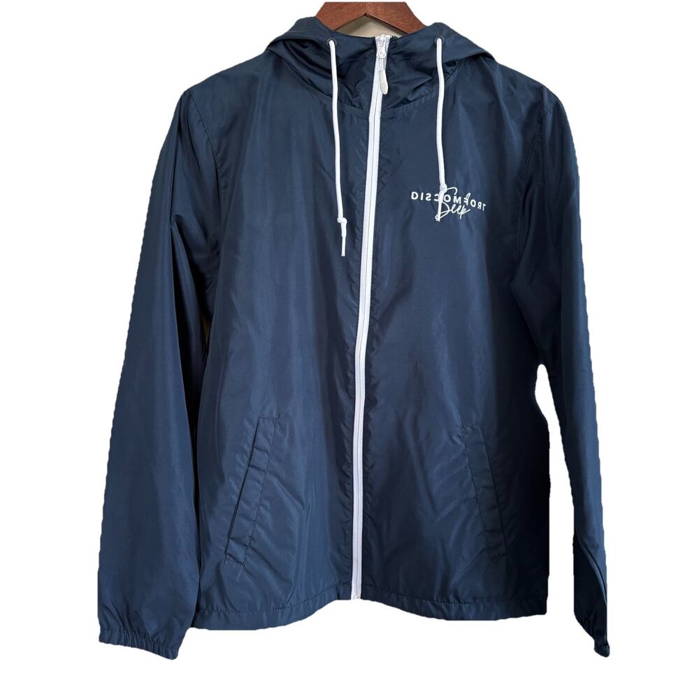 SEEK DISCOMFORT Men’s Small Windbreaker Full Zip Logo Hoodie Jacket Lightweight